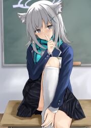 Rule 34 | 1girl, absurdres, animal ear fluff, animal ears, black skirt, blue archive, blue eyes, blue jacket, blue scarf, chalkboard, closed mouth, cross hair ornament, disuto, finger to mouth, grey hair, hair ornament, halo, highres, index finger raised, indoors, jacket, kneehighs, long sleeves, looking at viewer, medium hair, mismatched pupils, open clothes, open jacket, plaid, plaid skirt, pleated skirt, scarf, school uniform, shiroko (blue archive), skirt, smile, socks, solo, striped clothes, striped scarf, white socks, wolf ears