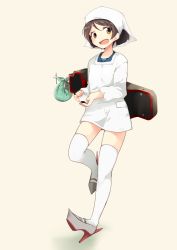 Rule 34 | 10s, 1girl, apron, brown eyes, brown hair, food, full body, head scarf, high heels, japanese clothes, kantai collection, kappougi, long sleeves, machinery, nassukun, onigiri, open mouth, rice, short hair, simple background, solo, tanikaze (kancolle), tenugui, thighhighs, white thighhighs