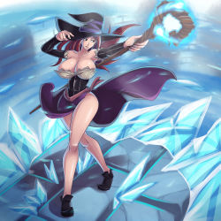 Rule 34 | 1girl, bad idea, bare legs, bare shoulders, breasts, brown eyes, cleavage, corset, detached sleeves, dragon&#039;s crown, dress, hat, highres, huge breasts, ice crystal, long hair, magic, pointy footwear, red hair, shoes, side slit, solo, sorceress (dragon&#039;s crown), staff, witch hat