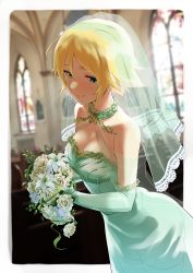 Rule 34 | 1girl, blonde hair, blurry, blurry background, bouquet, breasts, bridal gauntlets, bridal veil, bride, church interior, cleavage, dress, dutch angle, flower, gloves, green dress, green gloves, highres, holding, holding bouquet, idolmaster, idolmaster cinderella girls, indoors, light smile, looking down, medium breasts, solo, stained glass, strapless, strapless dress, sunlight, thorns, umeki otoha, veil, wedding dress, youhei (testament)