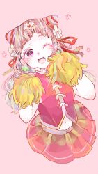 Rule 34 | 1girl, blush, cone hair bun, cropped torso, cure yell, double bun, earrings, flower, hair bun, hair flower, hair ornament, hair ribbon, hanataro (sruvhqkehy1zied), heart, highres, hugtto! precure, jewelry, long hair, looking at viewer, magical girl, navel, nono hana, one eye closed, open mouth, pink background, pink hair, pleated skirt, pom pom (cheerleading), precure, purple eyes, red ribbon, red skirt, ribbon, simple background, skirt, smile, solo, vest, white flower, yellow pom poms