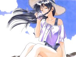 Rule 34 | 1990s (style), 1girl, black hair, braid, casual one-piece swimsuit, closed eyes, hat, kai tomohisa, long hair, off shoulder, one-piece swimsuit, seashell, sentimental graffiti, shell, smile, solo, straw hat, sugihara manami, swimsuit, swimsuit under clothes, wind