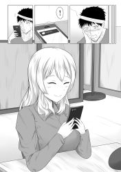 Rule 34 | !, 10s, 1boy, 1girl, bandages, blush, breasts, burn scar, cellphone, comic, greyscale, highres, kantai collection, kashima (kancolle), monochrome, phone, robba-san (wangphing), smartphone, spoken exclamation mark, upper body, wangphing