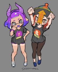 Rule 34 | 2girls, akanbe, arms up, bare legs, black shorts, blunt bangs, breasts, colored tongue, commentary request, eyelid pull, fangs, female focus, full body, gradient hair, grey background, grey eyes, hand on own hip, heart-shaped mouth, highres, horns, inkling, inkling girl, inkling player character, jiangshi, leggings, legs apart, looking at viewer, multicolored hair, multiple girls, nintendo, octoling, octoling girl, octoling player character, orange hair, pointy ears, purple hair, purple horns, purple tongue, shirt, short bangs, short eyebrows, short hair, short shorts, short sleeves, shorts, shorts tan, simple background, sketch, small breasts, splatoon (series), splatoon 2, standing, t-shirt, tan, tanline, tentacle hair, thick eyebrows, tongue, tongue out, yu-ri (arium047)