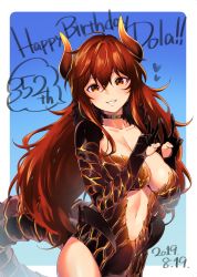 Rule 34 | breasts, choker, dated, dola (nijisanji), dragon girl, dragon horns, dragon tail, fur trim, hair between eyes, hands up, happy, happy birthday, herio, highres, horns, large breasts, long hair, looking at viewer, navel, nijisanji, open mouth, orange eyes, orange hair, plunging neckline, red hair, revealing clothes, smile, solo, tail, v, virtual youtuber
