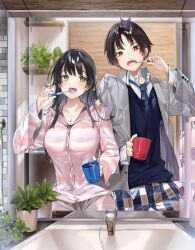 Rule 34 | 1boy, 1girl, black hair, blurry, blurry background, blush, breasts, brushing teeth, coat, cup, green eyes, highres, kakao (chocolate land), large breasts, leaf, long hair, looking at another, mirror, nails, necktie, open mouth, orange eyes, pajamas, pants, plant, reflection, ryoushin no shakkin, short hair, smile, source request, teeth, toothbrush, vest, zipper