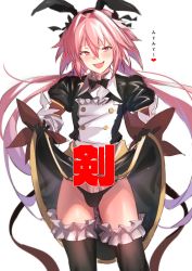 Rule 34 | 1boy, absurdres, astolfo (fate), astolfo (saber) (fate), astolfo (saber) (third ascension) (fate), black bow, black bowtie, black ribbon, black thighhighs, blush, bow, bowtie, censored, censored by text, clothes lift, convenient censoring, dress, dress lift, erection, fate/grand order, fate (series), hair between eyes, hair bow, hair intakes, hair ribbon, highres, long hair, long sleeves, looking at viewer, male focus, multicolored hair, penis, penis peek, pink hair, purple eyes, ribbon, simple background, solo, standing, streaked hair, thick thighs, thighhighs, thighs, trap, twintails, ulrich (tagaragakuin), white background, white hair