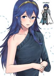 Rule 34 | 1girl, :d, ameno (a meno0), asymmetrical clothes, asymmetrical sleeves, blue eyes, blue hair, blue sweater, chrom (fire emblem), collarbone, father and daughter, fire emblem, fire emblem awakening, hair between eyes, hairband, long hair, long sleeves, looking at viewer, lucina (fire emblem), nintendo, open mouth, ribbed sweater, single-shoulder sweater, smile, solo, solo focus, sweater, uneven sleeves, upper body, very long hair, yellow hairband