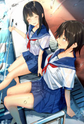 Rule 34 | 2girls, absurdres, black hair, blue eyes, blue sailor collar, blue skirt, blush, broom, brown hair, closed eyes, facing another, feet out of frame, from above, from side, highres, holding, holding broom, long hair, looking at another, multiple girls, neckerchief, original, pallad, pleated skirt, red neckerchief, sailor collar, school uniform, see-through, serafuku, short hair, skirt, swimsuit, swimsuit under clothes, wet, wet clothes