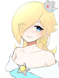 Rule 34 | 1girl, aqua dress, bare shoulders, blonde hair, blue eyes, blush, breasts, cleavage, closed mouth, collarbone, commentary, dress, eyelashes, frilled sleeves, frills, gem, glint, hair over one eye, hand on own hip, highres, long hair, long sleeves, looking at viewer, mario (series), medium breasts, nintendo, off-shoulder dress, off shoulder, one eye covered, parted bangs, rosalina, sidelocks, simple background, smile, solo, star (symbol), super mario galaxy, swept bangs, tomatomiya, upper body, white background, yellow gemstone