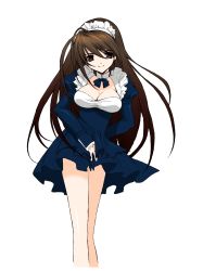 Rule 34 | 1girl, black hair, bow, bowtie, breasts, brown eyes, brown hair, cleavage, collar, kaky, large breasts, legs, long hair, long sleeves, looking at viewer, maid, maid headdress, shiny skin, simple background, smile, solo, very long hair, white background