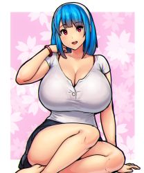 Rule 34 | 1girl, black skirt, blue hair, breasts, cleavage, commentary, english commentary, erkaz, hairband, hand on ground, highres, huge breasts, looking at viewer, open mouth, original, red eyes, red hairband, rina atherina, shirt, short hair, sitting, skirt, solo, white shirt