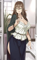 Rule 34 | 1girl, bead bracelet, beads, belt, blouse, blue skirt, bracelet, breasts, brown hair, brown haired glasses elf (houtengeki), cape, cleavage, cowboy shot, elf, frills, glasses, green cape, green eyes, houtengeki, indoors, jewelry, large breasts, long hair, looking at viewer, mature female, original, parted lips, pendant, plant, pointy ears, potted plant, rimless eyewear, shirt, side slit, skirt, smile, solo, white shirt, window, wristband