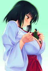 Rule 34 | 1boy, 1girl, between breasts, black hair, blush, breasts, breath, cleavage, coat, covered erect nipples, from side, giant, giantess, hakama, hakama skirt, japanese clothes, large breasts, miko, original, person between breasts, profile, red hakama, size difference, skirt, teston