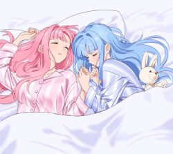 Rule 34 | 2girls, alternate costume, arm up, blue hair, blue pajamas, blunt bangs, closed eyes, collarbone, commentary request, facing another, facing viewer, from above, hair intakes, hair spread out, head on pillow, highres, holding hands, kotonoha akane, kotonoha aoi, lying, matching outfits, moya (toatomoot), multiple girls, on back, on side, open mouth, pajamas, pink hair, pink pajamas, siblings, sisters, sleeping, striped clothes, striped pajamas, stuffed animal, stuffed rabbit, stuffed toy, under covers, upper body, voiceroid