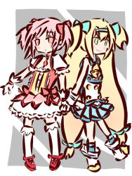 Rule 34 | 10s, 2girls, arc system works, bare shoulders, blazblue, blazblue: continuum shift, blonde hair, blush, bow, chibi, crossover, gloves, hair bow, hairband, kaname madoka, long hair, low-tied long hair, magical girl, mahou shoujo madoka magica, mahou shoujo madoka magica (anime), multiple girls, mumu (spitfire), nono (spitfire), pink eyes, pink hair, platinum the trinity, pleated skirt, puffy sleeves, quad tails, short hair, short twintails, skirt, smile, thighhighs, twintails, two side up, very long hair, voice actor connection, white gloves, white legwear, yuuki aoi