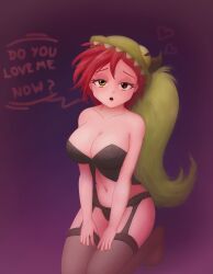Rule 34 | 1girl, abstract background, absurdres, animal hood, asymmetrical clothes, bare shoulders, bent over, black lingerie, black nails, breasts, cartoon network, cleavage, defeated expression, demencia, dialog box, female focus, green hair, half-closed eyes, hands on thighs, heterochromia, highres, hood, kneeling, large breasts, lingerie, long hair, o:, open mouth, pale skin, pink nails, purple background, red eyes, red hair, saf-404, seductive smile, short hair, smile, solo, thighhighs, underwear, very long hair, villainous, yellow eyes