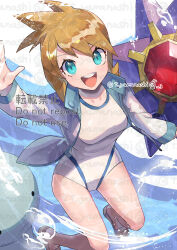 Rule 34 | 1girl, armpits, bare arms, breasts, competition swimsuit, cowboy shot, creatures (company), female focus, game freak, gen 1 pokemon, gen 2 pokemon, green eyes, jacket, jacket over swimsuit, legs, long sleeves, medium breasts, misty (pokemon), navel, nintendo, one-piece swimsuit, open clothes, open jacket, orange hair, pokemon, pokemon hgss, quagsire, sandals, short hair, smile, solo, standing, starmie, swimsuit, thighs, water, white one-piece swimsuit, yamanashi taiki