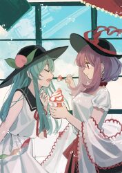 Rule 34 | 2girls, adapted costume, artist request, black headwear, black skirt, blue hair, blue nails, chinese commentary, closed eyes, closed mouth, commentary request, cowboy shot, earrings, feeding, food, from side, hat, hat ribbon, highres, hinanawi tenshi, holding, holding food, holding ice cream, ice cream, jewelry, long hair, looking at another, multiple girls, nagae iku, open mouth, peach hat ornament, purple hair, red eyes, red ribbon, ribbon, sailor collar, second-party source, see-through, see-through shawl, shawl, shirt, short sleeves, skirt, sleeveless, sleeveless shirt, smile, touhou, white shawl, white shirt, white skirt, window