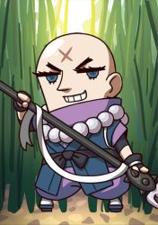 Rule 34 | 1boy, april fools, bald, beads, blue eyes, chibi, eyebrows, fate/grand order, fate (series), grin, highres, holding, holding weapon, houzouin inshun, japanese clothes, looking at viewer, male focus, official art, plant, prayer beads, riyo (lyomsnpmp), scar, smile, solo, standing, weapon