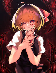 Rule 34 | 1girl, absurdres, black background, black nails, black skirt, black vest, blonde hair, blood, blood on face, breasts, closed mouth, collar, collared shirt, eyes visible through hair, hair between eyes, hair ribbon, hands up, highres, looking at viewer, medium breasts, nail polish, necktie, orange hair, puffy short sleeves, puffy sleeves, red background, red eyes, red necktie, red ribbon, ribbon, rumia, sakurame, shirt, short hair, short sleeves, skirt, solo, tongue, tongue out, touhou, vest, white shirt, white sleeves
