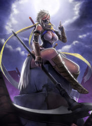 Rule 34 | 1girl, armor, belt, blurry, breasts, cleavage, cleavage cutout, clothing cutout, cloud, depth of field, elbow gloves, female focus, fingerless gloves, foreshortening, full body, full moon, gloves, gradient background, greaves, hair between eyes, highres, holding, holding weapon, jchoy, katana, kuji-in, large breasts, looking at viewer, mask, mole, mole under eye, moon, mouth mask, night, night sky, ninja, orange eyes, original, outdoors, polearm, red eyes, ruins, scarf, scythe, short hair, showgirl skirt, sidelocks, silver hair, sitting, skirt, sky, slit pupils, solo, sword, vambraces, weapon