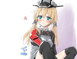 Rule 34 | 1girl, anchor hair ornament, anger vein, aqua eyes, black thighhighs, blonde hair, commentary request, cross, dated, hair ornament, hat, iron cross, kantai collection, low twintails, military, military hat, military uniform, one-hour drawing challenge, peaked cap, prinz eugen (kancolle), signature, sitting, solo, thighhighs, twintails, uniform, usami (50-point caliper), wavy mouth, white background
