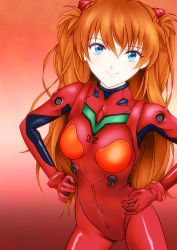 1girl blue_eyes bodysuit breasts brown_hair contrapposto covered_navel cowboy_shot gloves gradient_background hair_between_eyes hand_in_own_hair hands_on_own_hips highres interface_headset long_hair looking_at_viewer mecha_pilot_suit medium_breasts neon_genesis_evangelion open_mouth orange_hair piko_squirrel plugsuit red_background red_bodysuit shiny_clothes signature simple_background skin_tight smile solo souryuu_asuka_langley two_side_up very_long_hair wide_hips