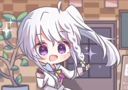 Rule 34 | 1girl, 9-nine-, :d, ahoge, blush, bow, braid, chibi, commentary, green bow, grey hair, hair between eyes, hair bow, hand up, happy, indoors, long hair, long sleeves, looking at viewer, niimi sora, open mouth, outstretched arm, pink bow, purple eyes, school uniform, shirt, side ponytail, sidelocks, single braid, sleeves past wrists, smile, solo, sparkle, upper body, utuigawa, white shirt, wide-eyed