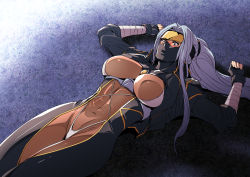 Rule 34 | 1girl, arms up, bandages, black eyes, breasts, breasts apart, female focus, fingerless gloves, floor, from above, gloves, greco roman (spiral brain), groin, half mask, headband, high ponytail, highres, kunoichi, large breasts, legs, light purple hair, long hair, lying, mask, navel, ninja, original, ponytail, purple hair, see-through, shrug (clothing), skin tight, slingshot swimsuit, solo, swimsuit, thighs