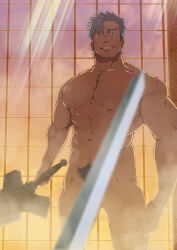 Rule 34 | 1boy, abs, bara, bercouli (sao), biceps, blue eyes, blue hair, censored, completely nude, convenient censoring, earrings, facial hair, flaccid, highres, holding, holding sword, holding weapon, jewelry, large pectorals, looking at viewer, male focus, male pubic hair, mature male, muscular, muscular male, navel, navel hair, nipples, nude, oro9, parted lips, pectorals, pointless censoring, pov, pubic hair, sauna, scar, scar on face, scar on nose, seductive smile, short hair, smile, smirk, solo, standing, steam, stubble, sword, sword art online, sword art online: alicization, teeth, thick eyebrows, time piercing sword, weapon, wet