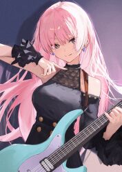 Rule 34 | 1girl, bang dream!, bang dream! it&#039;s mygo!!!!!, black dress, breasts, chihaya anon, closed mouth, commentary, dress, earrings, electric guitar, grey eyes, guitar, hashtag-only commentary, highres, holding, holding guitar, holding instrument, instrument, jewelry, kissshotmagia, long sleeves, medium breasts, pink hair, single sleeve, solo, upper body