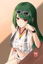 Rule 34 | 1girl, absurdres, anchor necklace, azur lane, bare shoulders, bikini, black bikini, breasts, cipher engage, cleavage, collarbone, commentary request, cup, elbow rest, eyewear on head, green hair, grey-framed eyewear, hand up, highres, jewelry, large breasts, littorio (azur lane), littorio (the glory of naples) (azur lane), long hair, looking at viewer, multicolored hair, multiple straps, navel, necklace, official alternate costume, parted lips, red eyes, red hair, sarong, see-through, see-through sarong, see-through shirt, shadow, shirt, sidelocks, sitting, smile, solo, stomach, streaked hair, sunglasses, swept bangs, swimsuit, table, tied shirt, wristband
