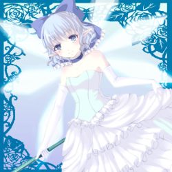 Rule 34 | 1girl, alternate costume, bare shoulders, blue eyes, blue hair, bow, choker, cirno, dress, dutch angle, elbow gloves, flower, frilled dress, frills, gloves, gown, hair bow, matching hair/eyes, pointy ears, rose, sawara (starligtvision), short hair, skirt hold, smile, solo, strapless, strapless dress, touhou, wings