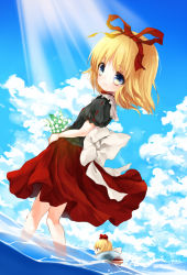 Rule 34 | 1girl, afloat, blonde hair, blue eyes, cloud, day, dqn (dqnww), flower, hair ornament, hair ribbon, highres, holding, holding flower, innertube, light, lily of the valley, looking at viewer, medicine melancholy, puffy sleeves, ribbon, shirt, short hair, short sleeves, skirt, sky, smile, solo, su-san, swim ring, swimming, touhou, water