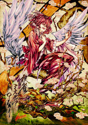 Rule 34 | 1girl, akasia, bird wings, branch, cherry blossoms, claws, dress, hat, music, mystia lorelei, open mouth, outstretched hand, red eyes, red hair, singing, solo, touhou, wide sleeves, wings