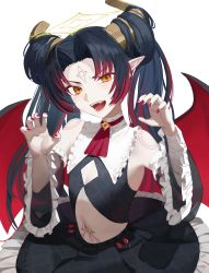 Rule 34 | 1girl, :d, absurdres, ascot, bare shoulders, black hair, black skirt, breasts, claw pose, cleavage, colored tips, commentary, darr1o, demon girl, detached sleeves, english commentary, fangs, flat chest, frilled skirt, frilled sleeves, frills, halo, highres, horns, idol corp, lily sin, looking at viewer, midriff, multicolored hair, nail polish, navel, open mouth, orange eyes, red ascot, red hair, red nails, simple background, skirt, smile, solo, upper body, virtual youtuber, white background