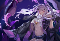 Rule 34 | 1girl, absurdres, arknights, black shorts, breasts, commentary request, crop top, hair ornament, hairclip, head wings, highres, large breasts, long hair, looking at viewer, manticore (arknights), midriff, navel, pink eyes, pointy ears, purple background, purple hair, scorpion tail, shirt, short shorts, shorts, solo, stomach, tail, underboob, weifengbing, white shirt, wings
