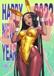 Rule 34 | 1girl, 2023, animal ears, black pantyhose, bodysuit, chinese zodiac, covered navel, detached collar, fujii eishun, happy new year, highres, leotard, lips, new year, open mouth, original, pantyhose, patterned background, playboy bunny, rabbit ears, rabbit pose, red lips, see-through, see-through legwear, shiny clothes, shiny legwear, skin tight, solo, thighs, upper body, wrist cuffs, year of the rabbit, yellow bodysuit