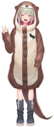 Rule 34 | 1girl, artist request, black footwear, blush, boots, buttons, closed eyes, full body, green hair, long sleeves, miyu ottavia, miyu ottavia (1st costume), multicolored hair, nijisanji, nijisanji id, official art, onesie, open mouth, otter costume, pink hair, sleeves past wrists, smile, solo, standing, straight-on, streaked hair, tachi-e, transparent background, virtual youtuber, w