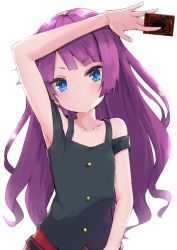 Rule 34 | 1girl, amano kouki, arm up, bare arms, bare shoulders, between fingers, black shirt, blue eyes, blush, card, closed mouth, collarbone, commentary request, head tilt, highres, holding, holding card, kirishima romin, long hair, looking at viewer, purple hair, shirt, simple background, solo, very long hair, white background, yu-gi-oh!, yu-gi-oh! sevens