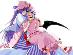 Rule 34 | 2girls, bat wings, blue hair, crescent, crescent hat ornament, dress, eichi yuu, hat, hat ornament, hug, long hair, mob cap, multiple girls, patchouli knowledge, pink footwear, pink headwear, pink shirt, pink skirt, purple eyes, purple hair, red eyes, remilia scarlet, shirt, skirt, striped clothes, striped dress, touhou, vertical-striped clothes, vertical-striped dress, white background, wings