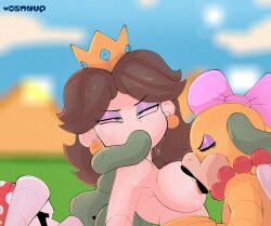 Rule 34 | 2girls, age difference, artist name, blue eyes, blue sky, bow, breasts, brown hair, closed eyes, crown, dsmnud, earrings, hair bow, highres, interspecies, jewelry, large breasts, licking nipple, mario (series), multiple girls, necklace, nintendo, nipple stimulation, nude, piranha plant, plant, princess daisy, reptile girl, saliva, saliva trail, sky, super mario bros. 3, super mario land, tentacles, thick lips, vines, wendy o. koopa, yuri