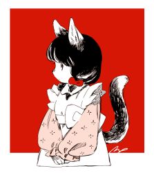 Rule 34 | 1girl, animal ear fluff, animal ears, apron, black hair, body fur, border, bow, cat ears, cat girl, cat tail, closed mouth, cropped torso, crosshatching, expressionless, frilled apron, frilled sleeves, frills, from side, furry, greyscale, greyscale with colored background, hair bow, hatching (texture), limited palette, linear hatching, long sleeves, looking away, looking to the side, low twintails, maeya susumu, maid, monochrome, original, outside border, own hands together, partially colored, profile, puffy long sleeves, puffy sleeves, red background, red bow, short hair, short twintails, sideways mouth, signature, simple background, solo, standing, tail, tail raised, tareme, twintails, upper body, v arms, waist bow, white apron, white border, wing collar