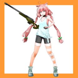Rule 34 | 1girl, ahoge, ai arctic warfare, animal ear fluff, animal ears, asymmetrical legwear, bike shorts, blue eyes, bolt action, boots, cat ears, clenched teeth, explosive, full body, grenade, grenade pin, gun, hair bobbles, hair ornament, hinata channel, long hair, low twintails, mismatched legwear, mouth hold, nekomiya hinata, orange thighhighs, pink hair, rifle, shorts, sniper rifle, solo, striped clothes, striped thighhighs, teeth, thighhighs, twintails, vest, virtual youtuber, weapon, weapon request, white vest