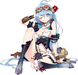 Rule 34 | 1girl, ;(, blue eyes, blue hair, full body, fuyuno yuuki, goggles, goggles on head, official art, oshiro project:re, oshiro project:re, skirt, solo, torn clothes, transparent background, uwajima (oshiro project), white skirt