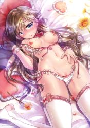 Rule 34 | 1girl, absurdres, bed, bed sheet, blue eyes, bow, bow legwear, bra, braid, breasts, breasts apart, breasts out, brown hair, choker, collarbone, cowboy shot, fingernails, flower, frilled bow, frilled bra, frilled cuffs, frilled panties, frilled pillow, frilled thighhighs, frills, front-hook bra, groin, hair ornament, hair scrunchie, hand on own stomach, hand up, heart, heart-shaped pillow, highres, leg up, long fingernails, long hair, looking at viewer, lying, medium breasts, melonbooks, mikami mika, nail polish, navel, nipples, on back, on bed, open bra, open mouth, original, panties, panty pull, petals, pillow, pink nails, pinky out, pom pom (clothes), pussy, pussy peek, red bow, red choker, ribbon choker, scan, scrunchie, side-tie panties, solo, spread legs, stomach, sunflower, thighhighs, uncensored, underwear, underwear only, untied panties, white bra, white panties, white thighhighs, wrist cuffs