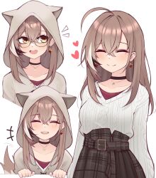 Rule 34 | 1girl, :d, ahoge, animal hood, belt, berry, black choker, brown eyes, brown hair, brown hoodie, brown skirt, choker, closed eyes, dog tail, earrings, ears through headwear, food-themed earrings, glasses, heart, highres, hololive, hololive english, hood, hood up, hoodie, jewelry, long hair, long skirt, looking at viewer, m r b, multicolored hair, multiple views, nanashi mumei, nanashi mumei (casual), necklace, notice lines, official alternate costume, open mouth, oversized clothes, plaid, plaid skirt, pleated skirt, red shirt, round eyewear, runes, shirt, skirt, smile, streaked hair, sweater, tail, teeth, upper teeth only, virtual youtuber, white sweater