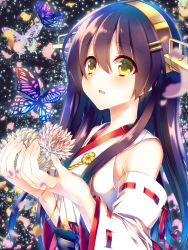 Rule 34 | 10s, 1girl, bad id, bad pixiv id, bare shoulders, black hair, bug, butterfly, detached sleeves, flower, hair ornament, hairband, hairclip, haruna (kancolle), highres, bug, japanese clothes, kantai collection, long hair, lotus, nontraditional miko, open mouth, ribbon-trimmed sleeves, ribbon trim, saijou yukina, solo
