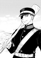 Rule 34 | 1boy, bad id, bad twitter id, belt, character request, closed mouth, cloud, cloudy sky, copyright request, eyepatch, fingernails, greyscale, hat, highres, holding, insignia, jacket, long sleeves, looking at viewer, male focus, military, military jacket, military uniform, monochrome, nikaidou kou, one eye closed, over shoulder, paddle, short hair, sky, smile, solo, standing, star (symbol), uniform, very short hair